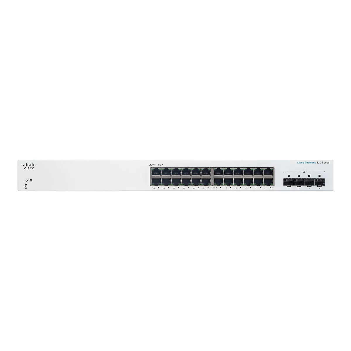 Ein weißer Cisco Business 220 Series Switch. Auf der Frontseite befinden sich mehrere Ports, Kontrollleuchten und das Cisco Logo.