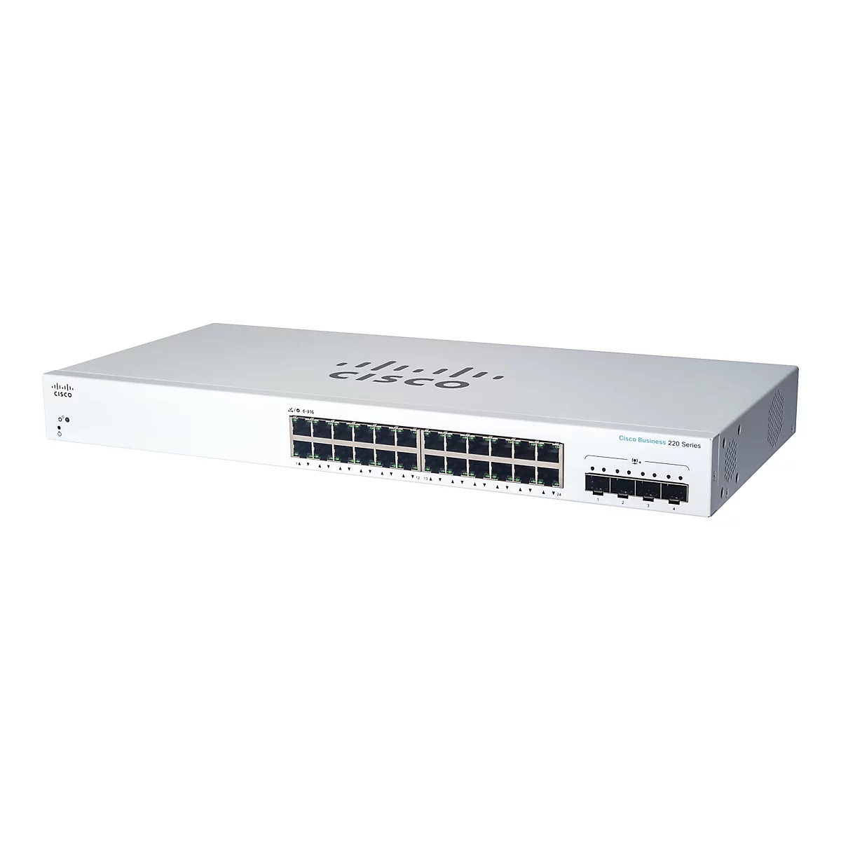 Ein weißer Cisco Business 220 Series Netzwerk-Switch mit Ports und Logo. Aufschrift: CISCO.