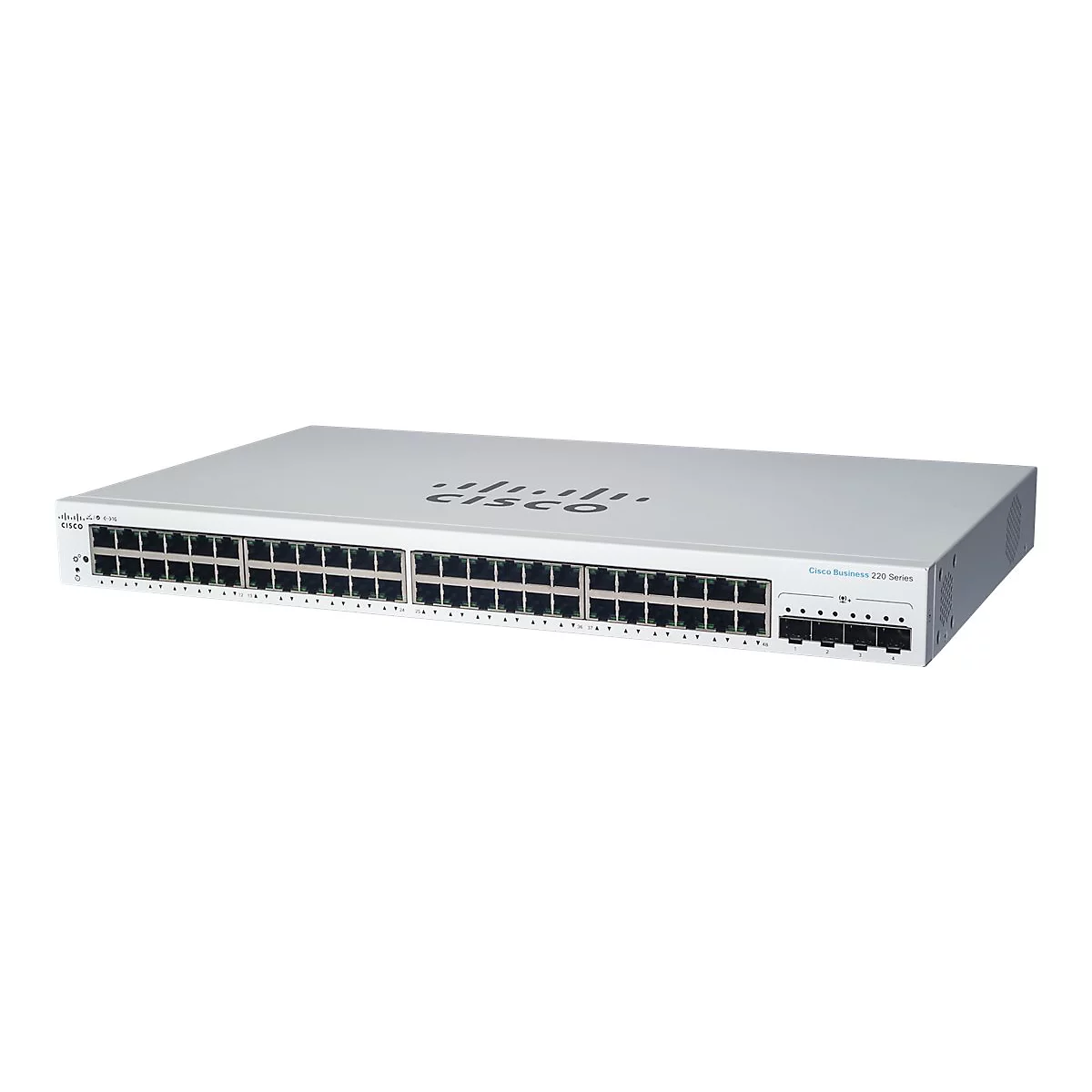 Ein weißer Cisco Netzwerk-Switch mit vielen Ports. Aufschrift "CISCO" und "Business 220 Series".