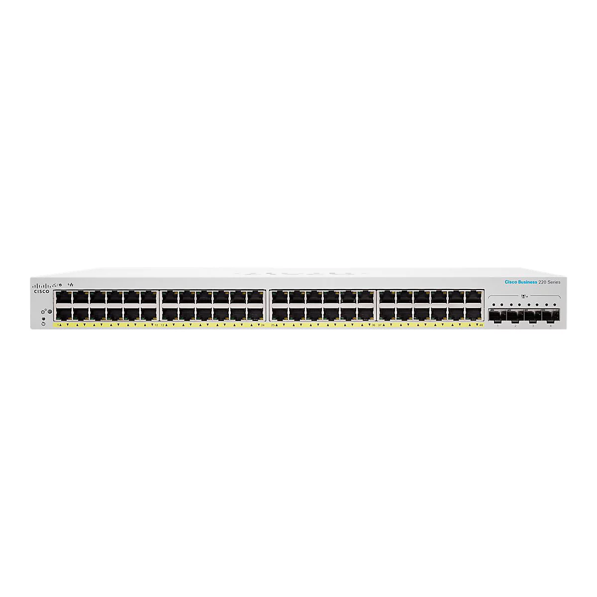 Ein weißer Cisco Business 220 Series Switch mit zahlreichen Anschlüssen. Links Logo, rechts Schriftzug.