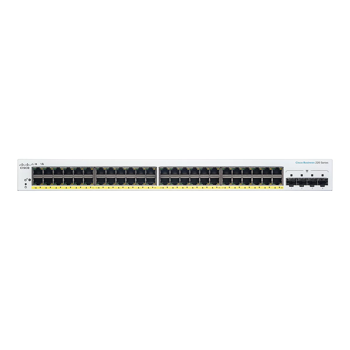 Ein weißer Cisco Business 220 Series Switch. Das Gerät hat viele Anschlüsse und Indikatoren.