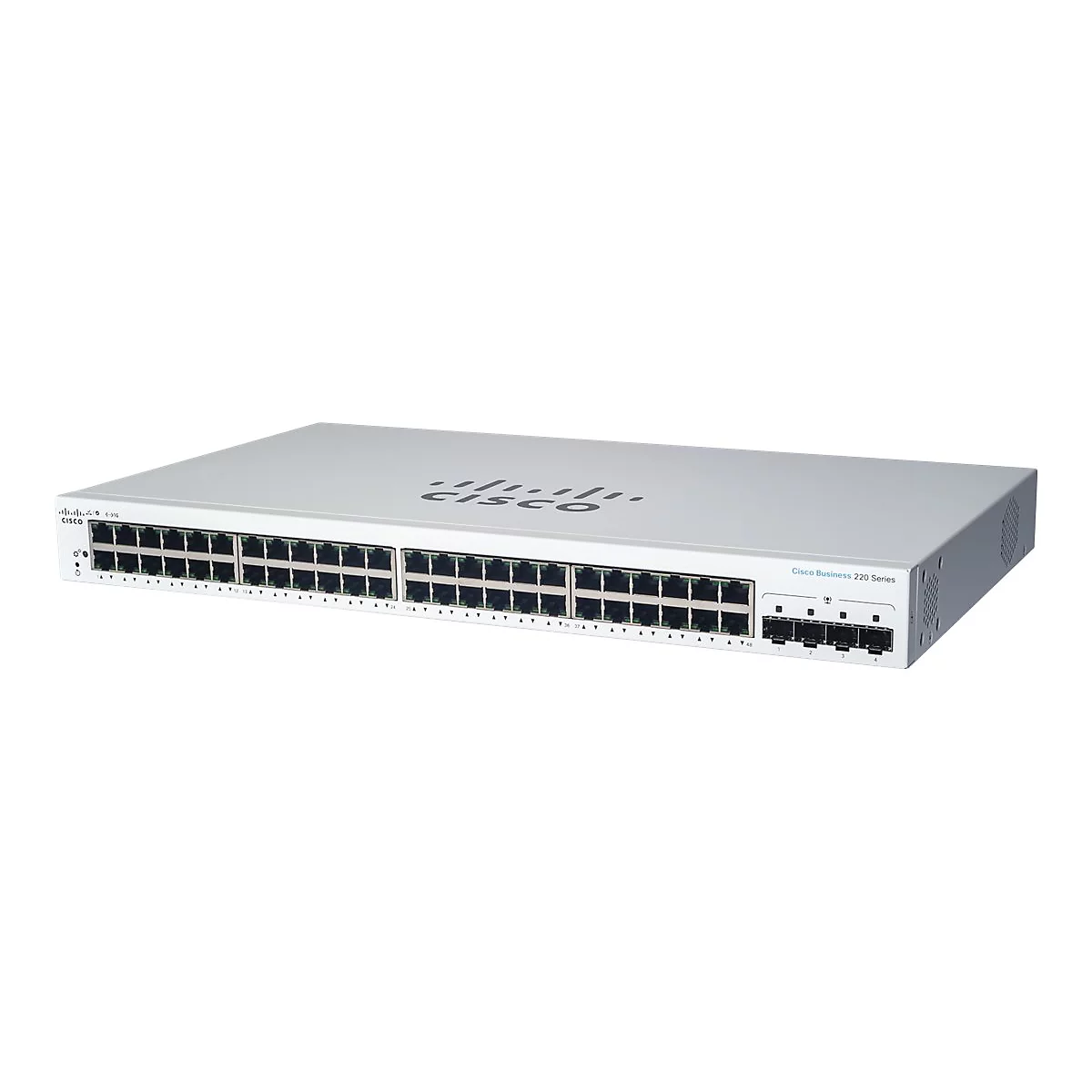 Ein weißer Cisco Business 220 Series Switch, viele Ports.