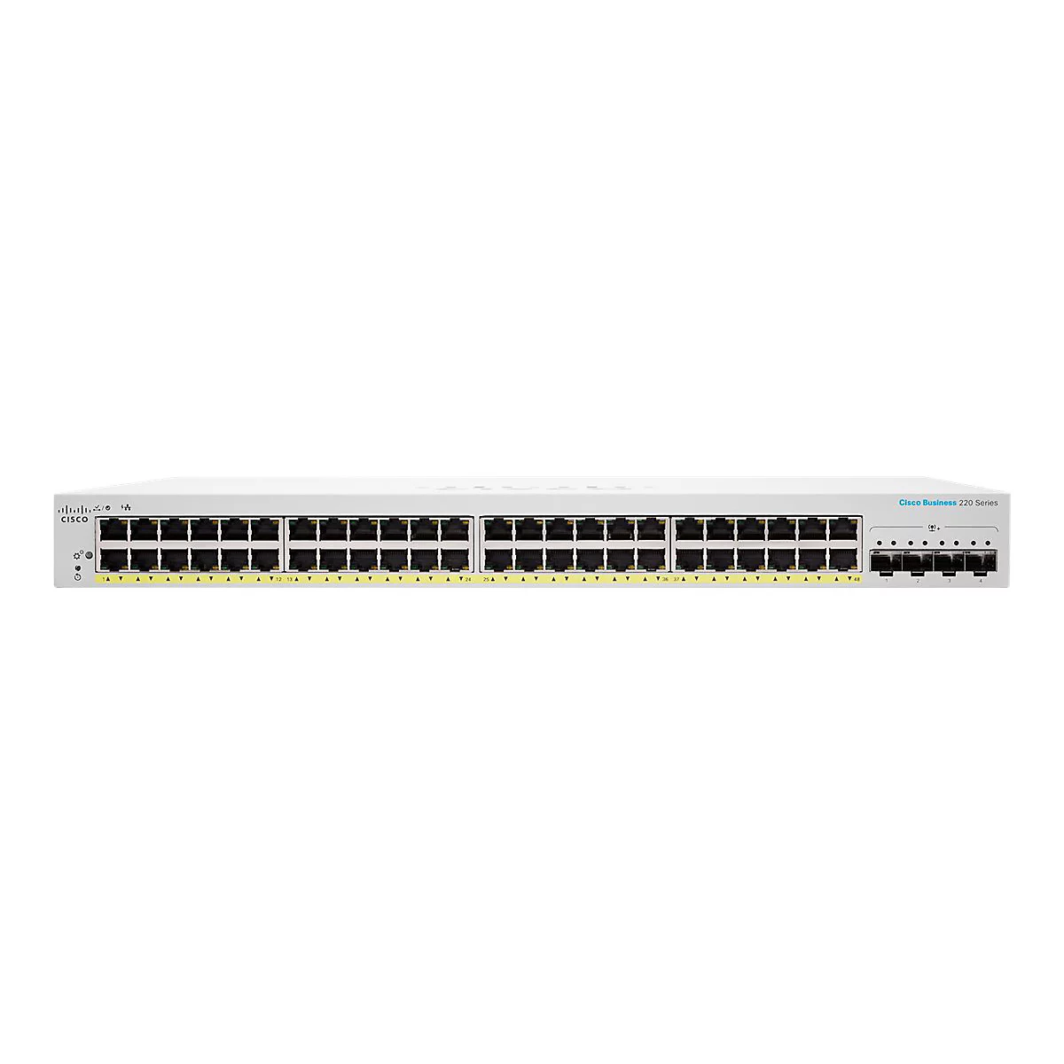Ein weißer Cisco Business 220 Series Switch. Auf der Frontseite befinden sich mehrere Netzwerkanschlüsse und Anzeigen.
