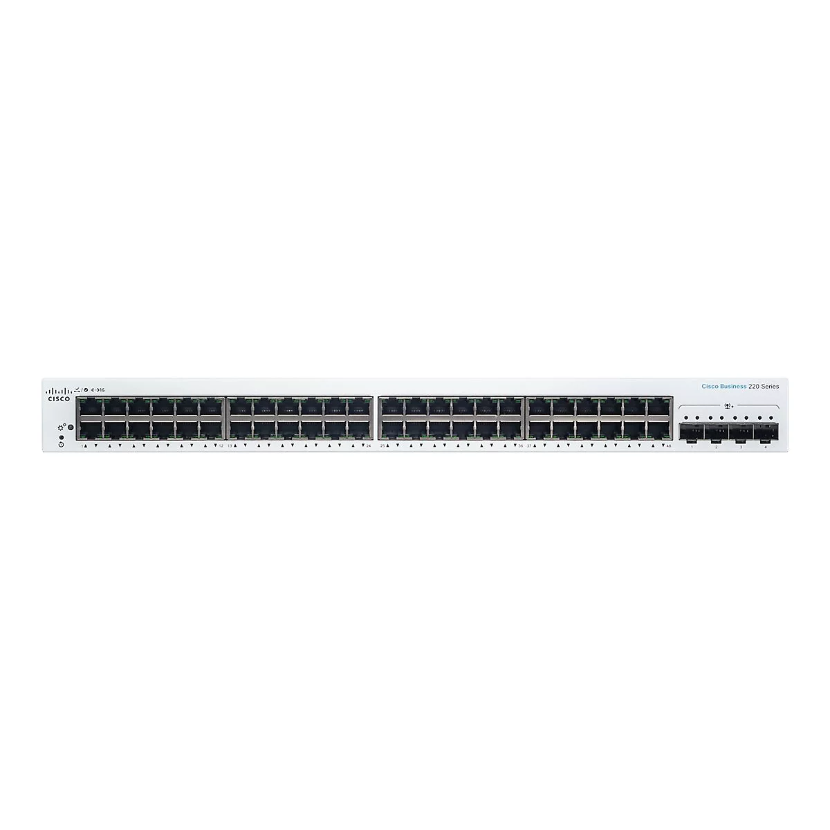 Weißer Cisco Business 220 Series Switch. Mit zahlreichen Ethernet-Anschlüssen, Beschriftungen und Firmenlogo.