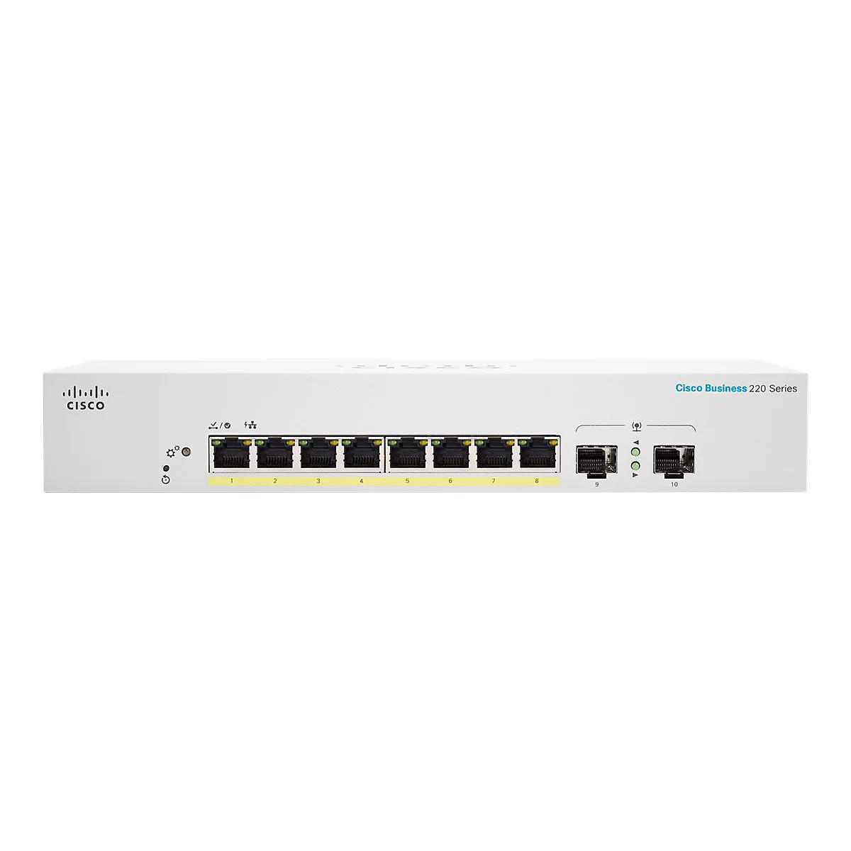 Weißer Cisco-Switch mit acht Ethernet-Ports, Produktbezeichnung: Cisco Business 220 Series.