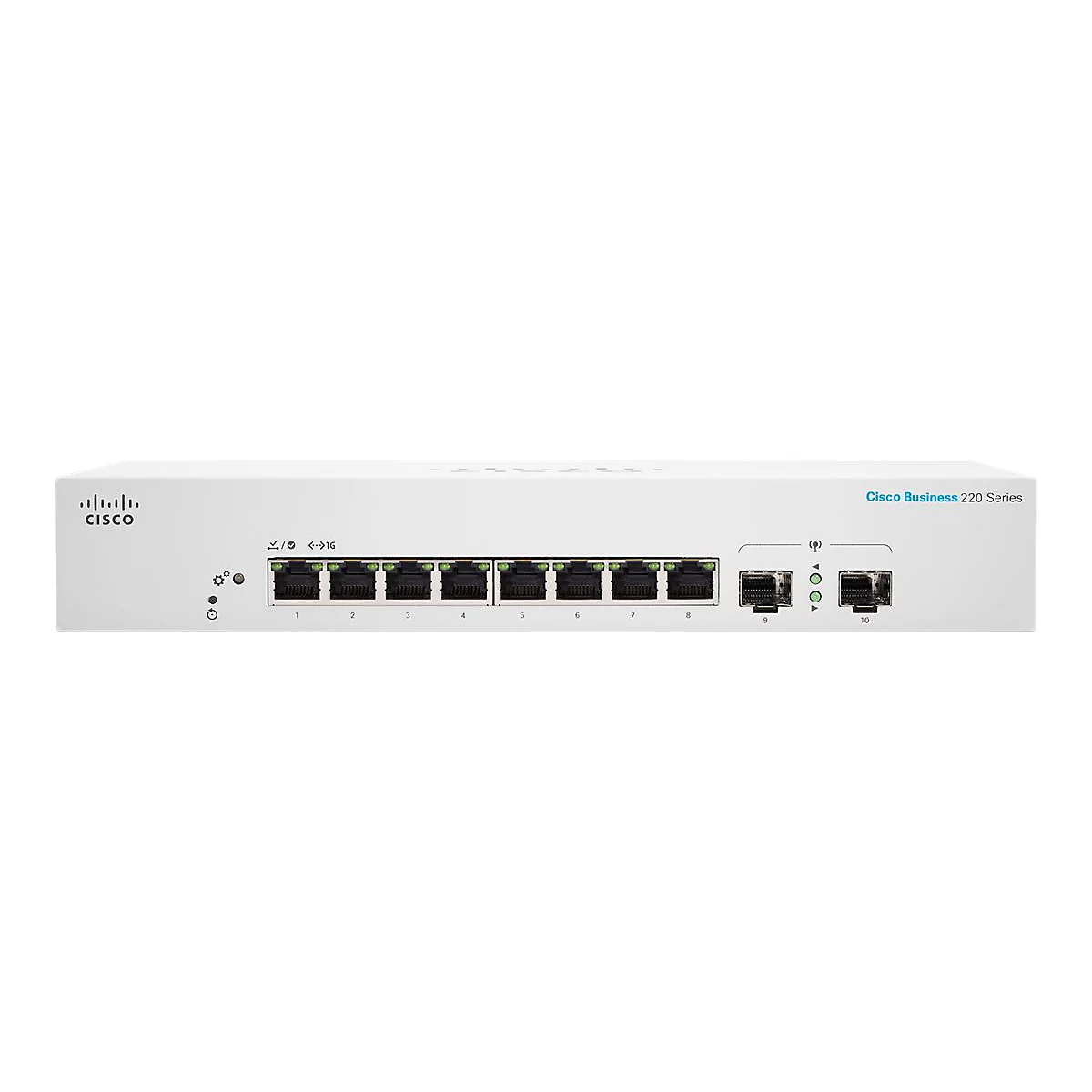 Weißer Cisco Business 220 Series Switch, Frontansicht, mit 10 Ports und Kontrollleuchten.