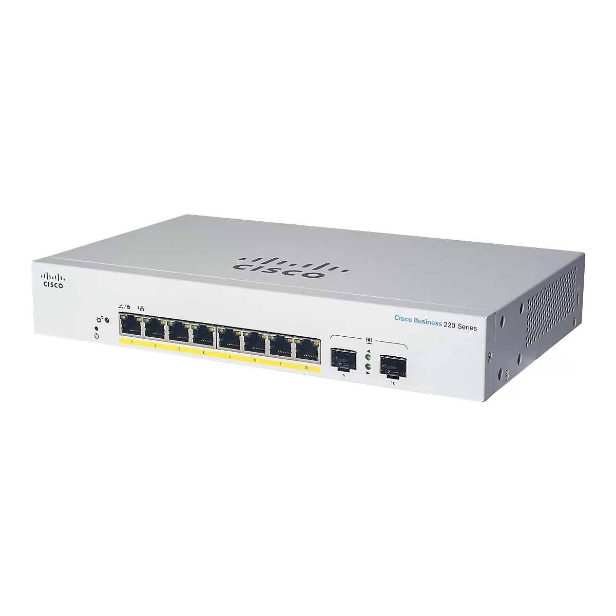 Ein graues Cisco Switch Gerät mit gelben und schwarzen Anschlüssen. Der Schriftzug "Cisco Business 220 Series" ist zu sehen.