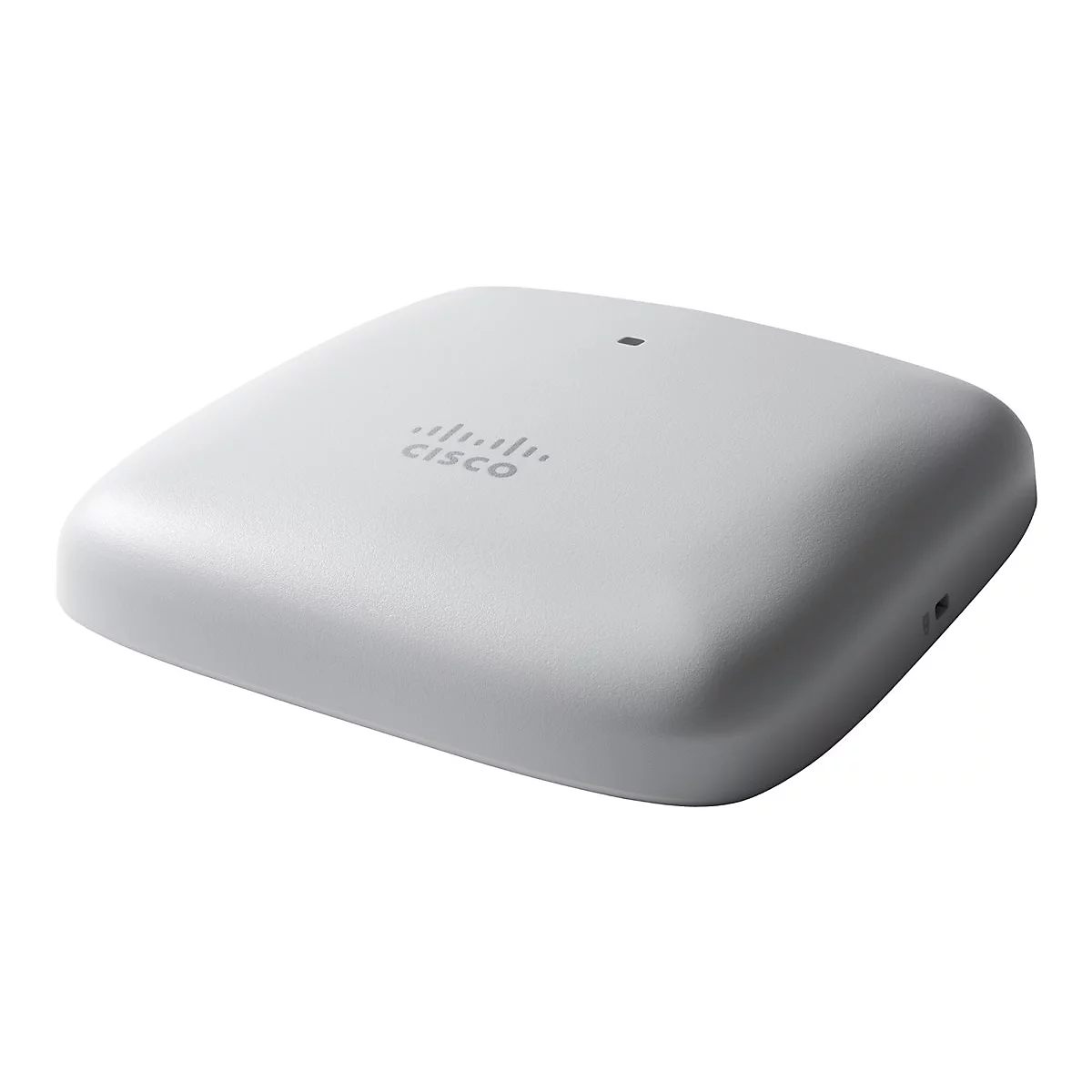Grauer, quadratischer Access Point mit abgerundeten Ecken, Cisco-Logo.