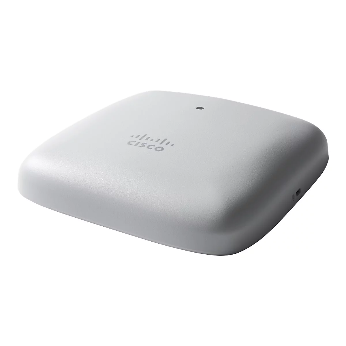 Grauer, quadratischer Cisco Access Point auf weißem Hintergrund.
