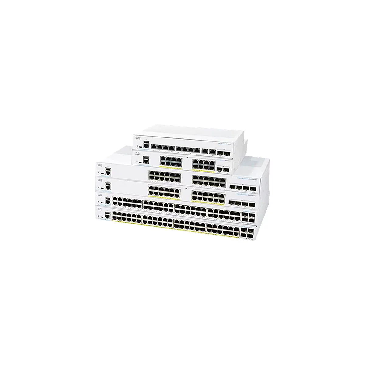 Mehrere weiße Netzwerk-Switches, gestapelt.