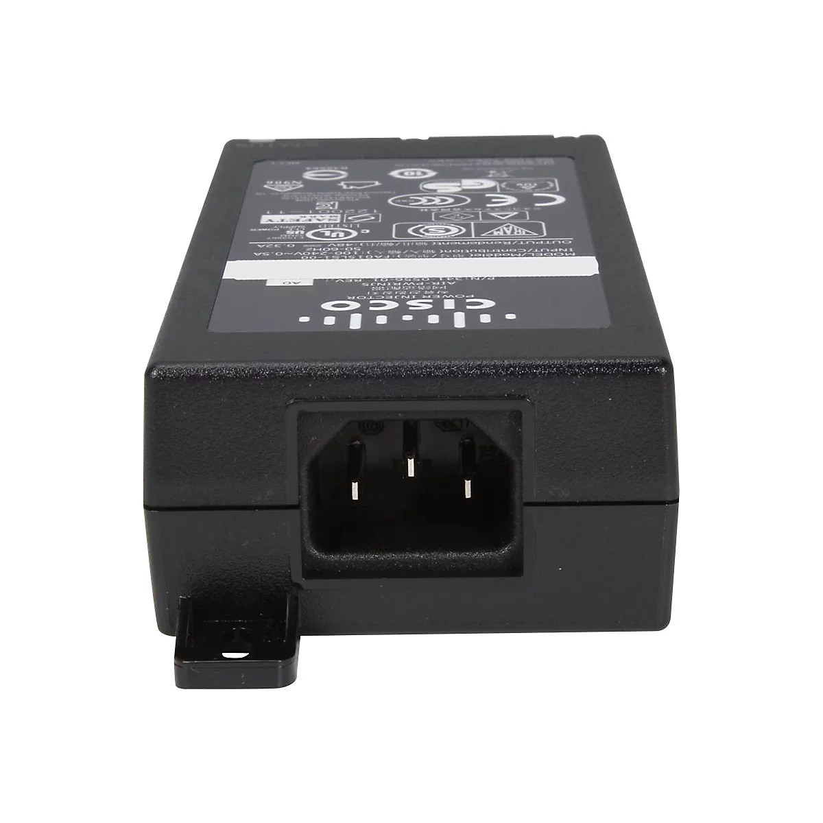 Schwarzes Netzteil mit CISCO-Logo und Stecker. Oben Etikett mit technischen Daten.