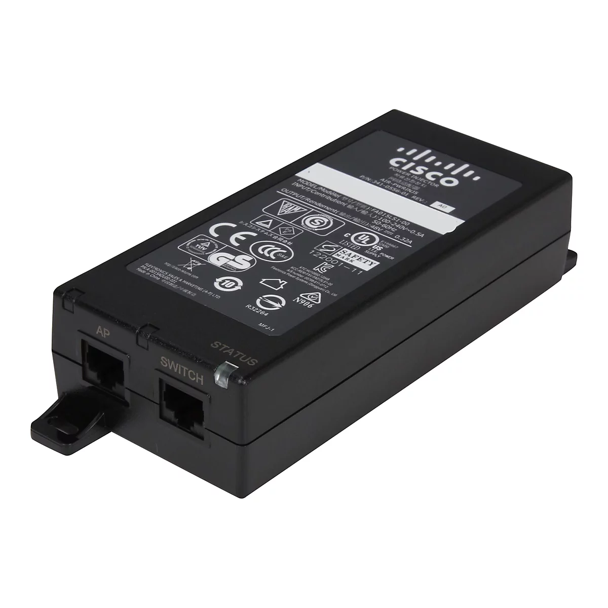 Schwarzer Cisco Power Injector mit Aufschriften. Auf der Vorderseite befinden sich zwei Ports mit der Bezeichnung "AP" und "SWITCH".