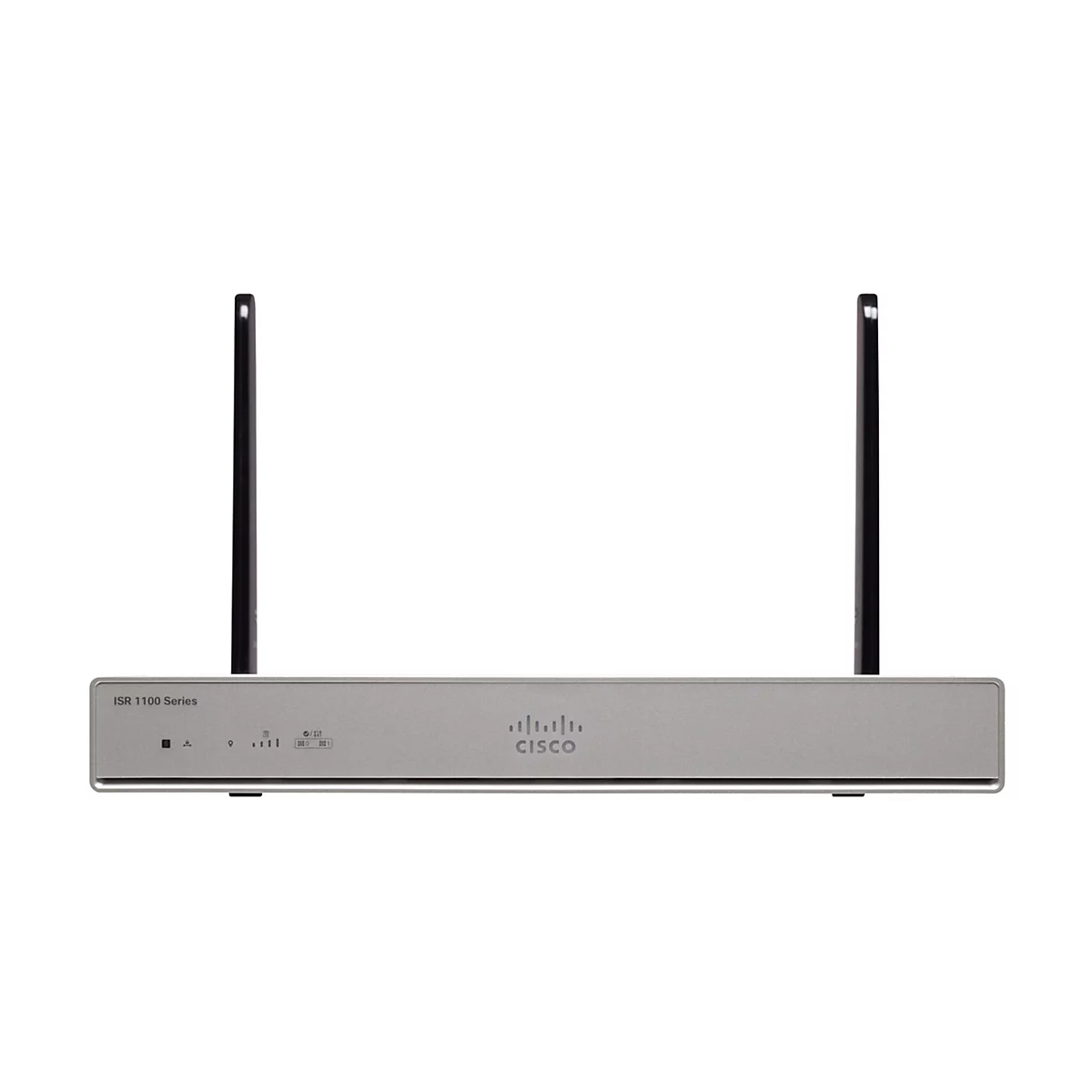Un appareil Cisco ISR 1100 Series gris avec deux antennes noires. L'avant comporte des indicateurs et le logo Cisco.
