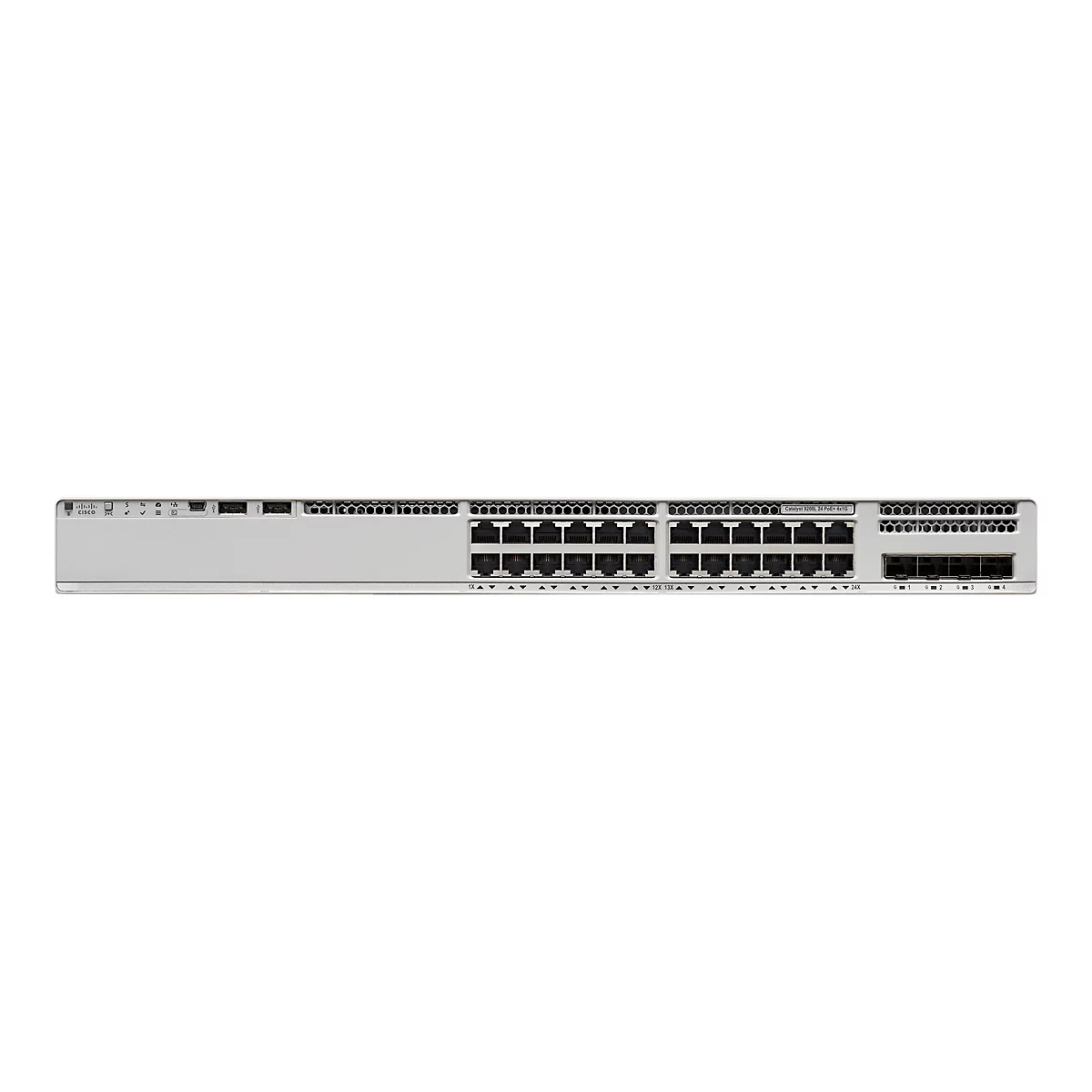 Commutateur réseau gris clair avec plusieurs ports. Le haut indique "Catalyst 9200L 24 PoE+ 4x1G".