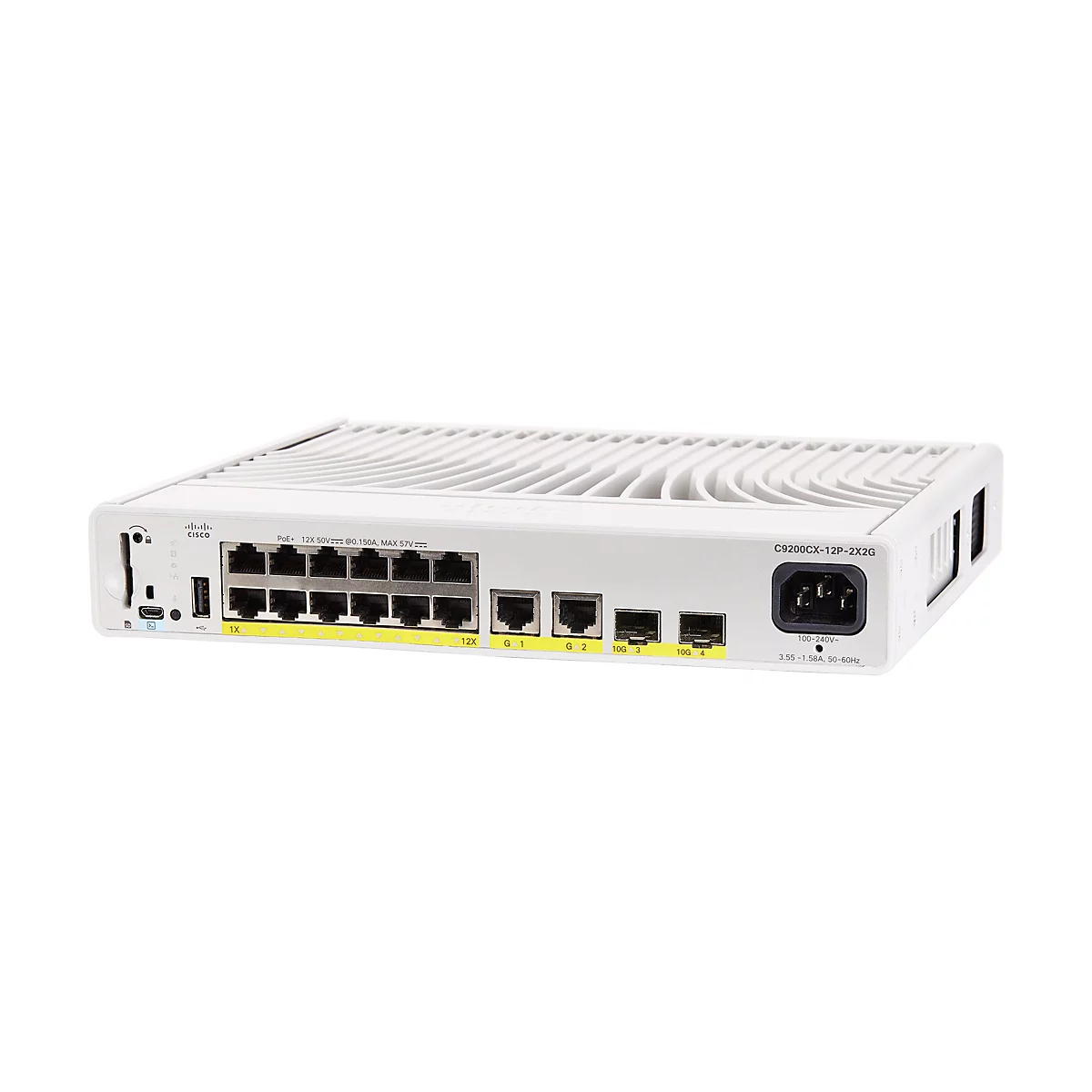 Un commutateur réseau Cisco blanc avec des ports et des connecteurs. Le commutateur est équipé de plusieurs ports, étiquettes et d'un connecteur d'alimentation.