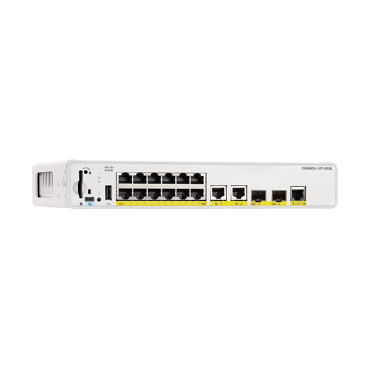 Un commutateur Cisco blanc sur fond blanc. Les ports et les voyants sont disposés à l'avant. "C9200CX-12T-2X2G" est écrit en haut à droite.