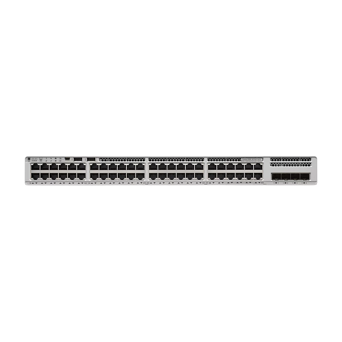 Un commutateur réseau gris avec de nombreux ports. Logo Cisco en haut à gauche, ports et autres étiquettes au-dessus.