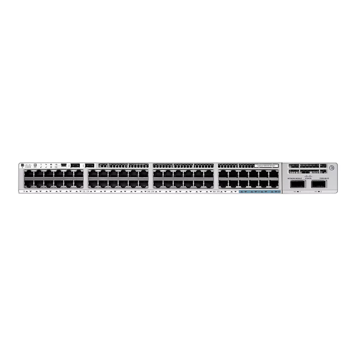 Un commutateur Cisco gris avec de nombreux ports, étiquettes et voyants de fonction. Des étiquettes de texte telles que "Catalyst 9200" et "Cisco" sont également visibles sur la surface.