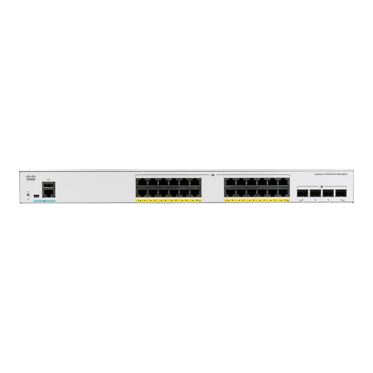 Ein grauer Cisco Catalyst 1000 Smart Managed Netzwerk-Switch, zahlreiche Netzwerkanschlüsse.