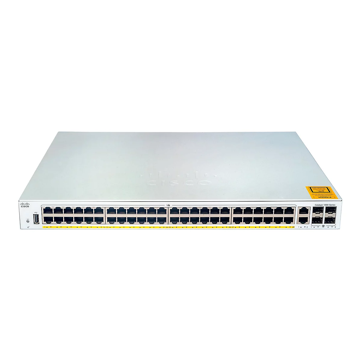Ein silberfarbener Cisco Catalyst 1000 Series Netzwerk-Switch. Er hat viele Ports, gelbe Markierungen und ein gelbes Etikett.