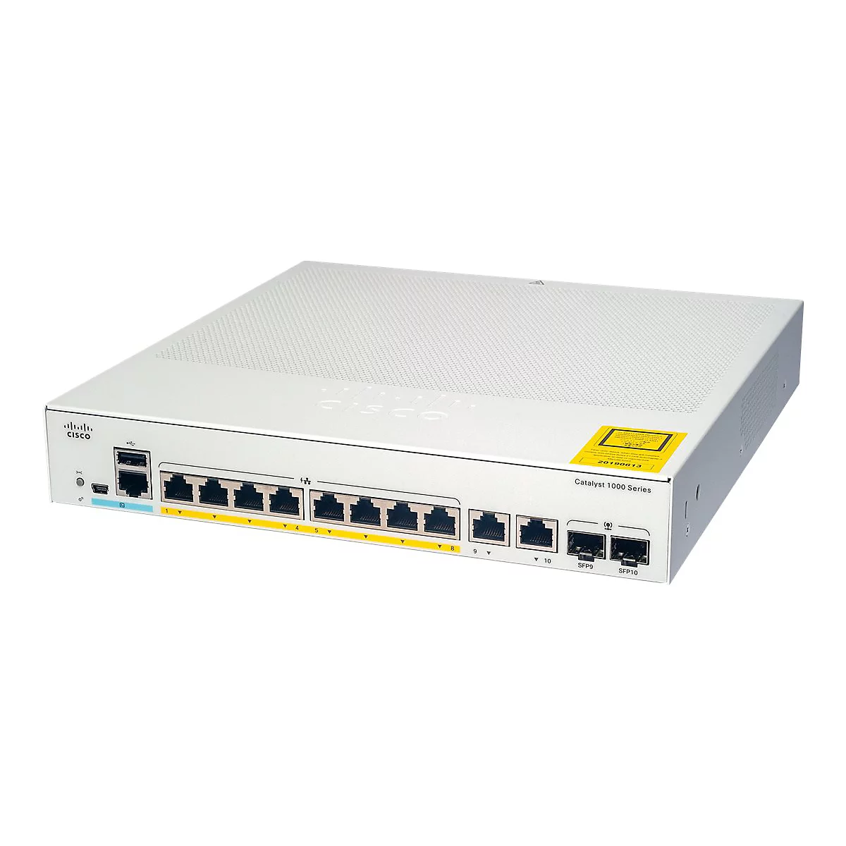 Hellgrauer Cisco Catalyst 1000 Series Switch. Auf der Front sind Anschlüsse und eine gelbe Plakette mit Daten. Aufschrift: Catalyst 1000 Series.