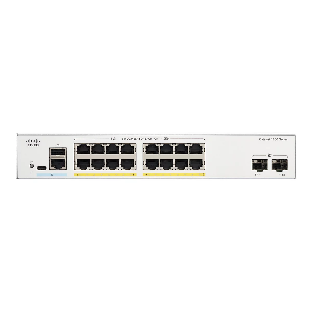 Ein weißer Cisco Catalyst 1200 Series Switch mit mehreren Ethernet-Ports, Beschriftungen und einem Stromanschluss.
