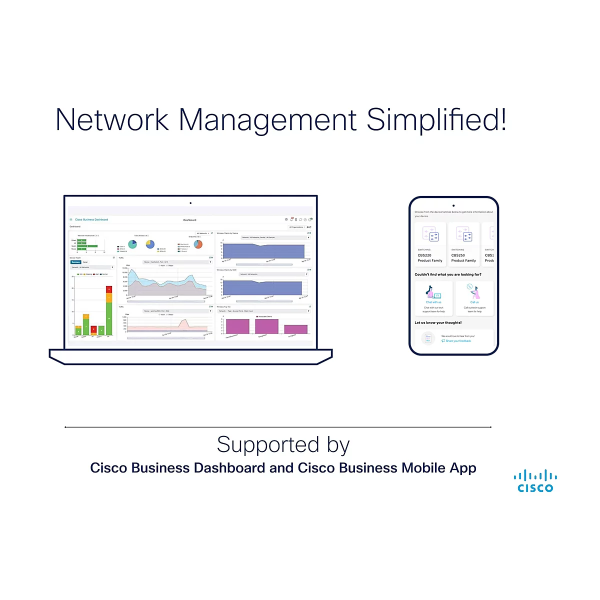 Screenshot mit Netzwerk Management Oberfläche auf Laptop und Smartphone. Diagramme zeigen Netzwerkaktivität. Text: Cisco Business Dashboard und Mobile App.