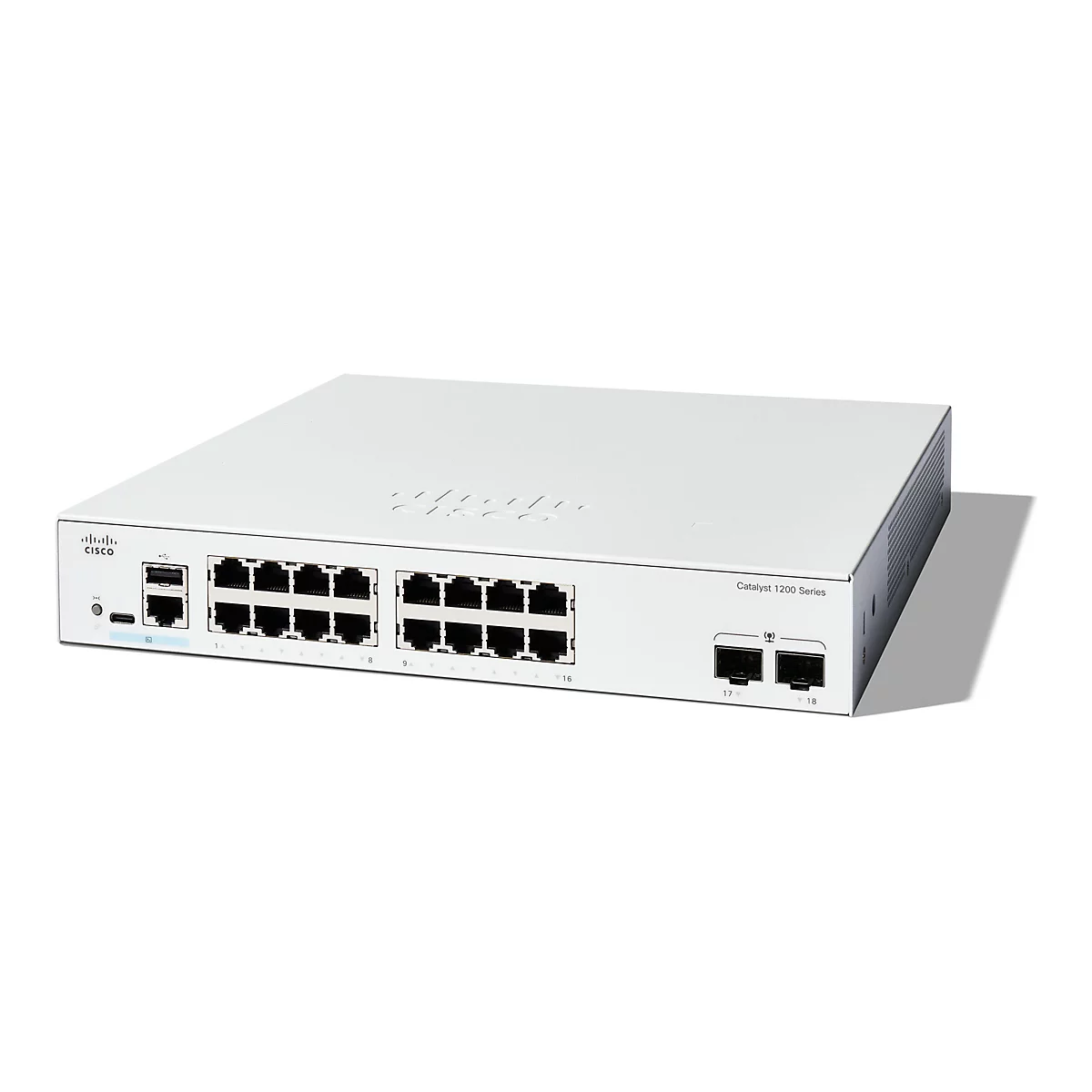 Ein weißer Cisco Catalyst 1200 Series Switch. Auf der Vorderseite sind Anschlüsse und das Cisco-Logo zu sehen.
