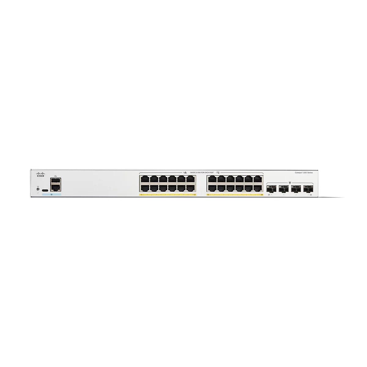 Ein grauer Cisco Catalyst 1200 Series Switch mit mehreren Ethernet-Ports. Auf dem Gerät befinden sich auch die Anschlüsse für Strom und Netzwerk.