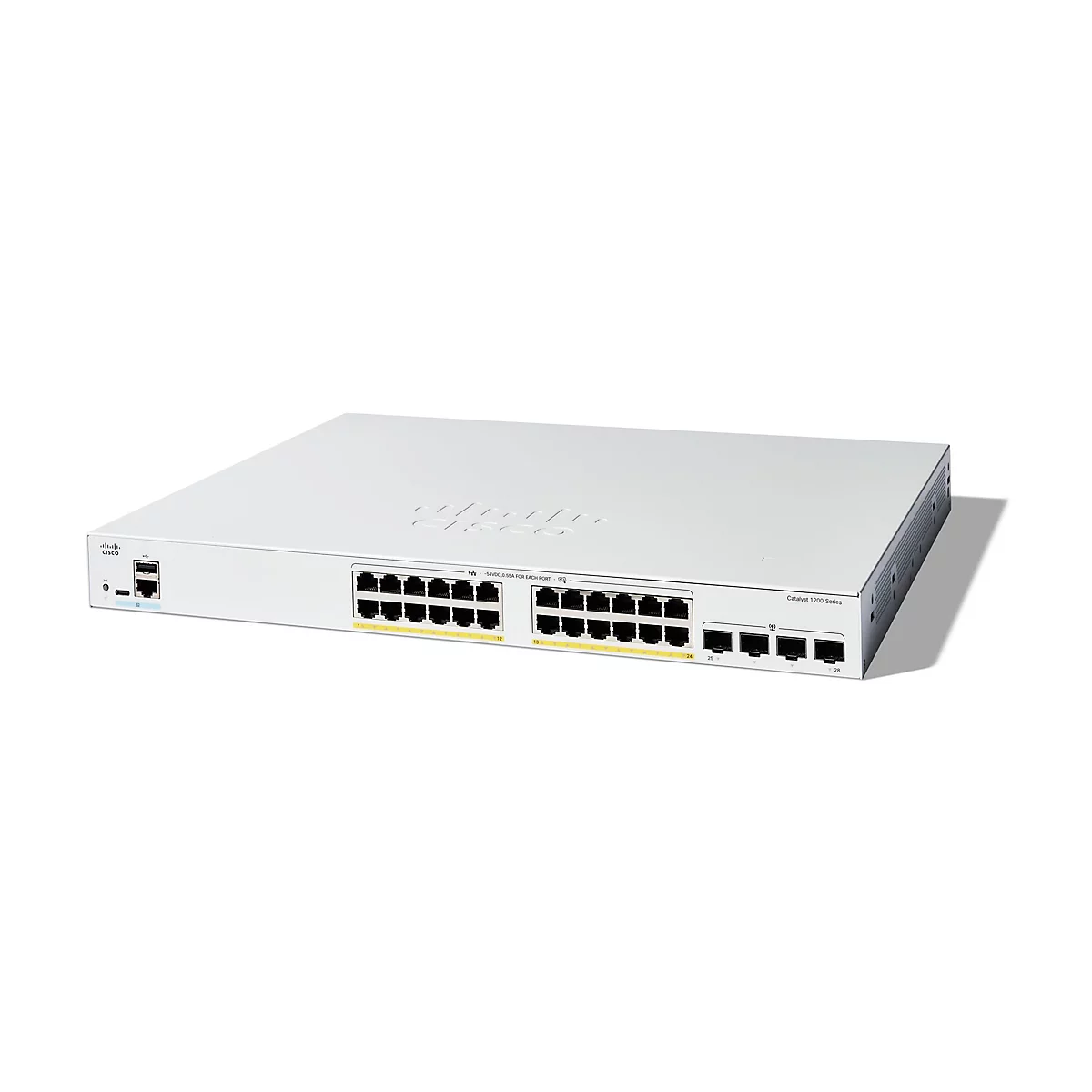 Ein weißer Cisco Catalyst 1200 Series Switch mit mehreren Ports. Auf dem Gerät sind auch Logos und Modellbezeichnungen zu sehen.