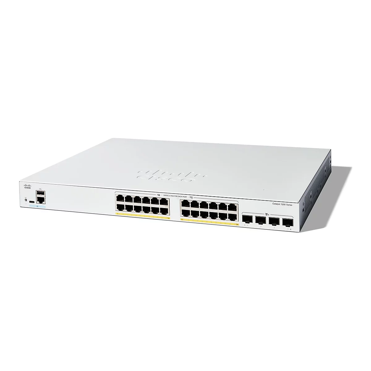 Ein weißer Cisco Catalyst 1200 Series Switch vor weißem Hintergrund. Der Switch hat mehrere Ethernet-Anschlüsse und das Cisco-Logo.