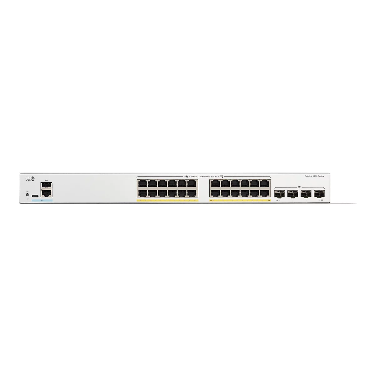 Ein grauer Netzwerk-Switch mit Ports und Anschlüssen. Der Switch hat das Cisco-Logo und die Bezeichnung Catalyst 1200 Series.