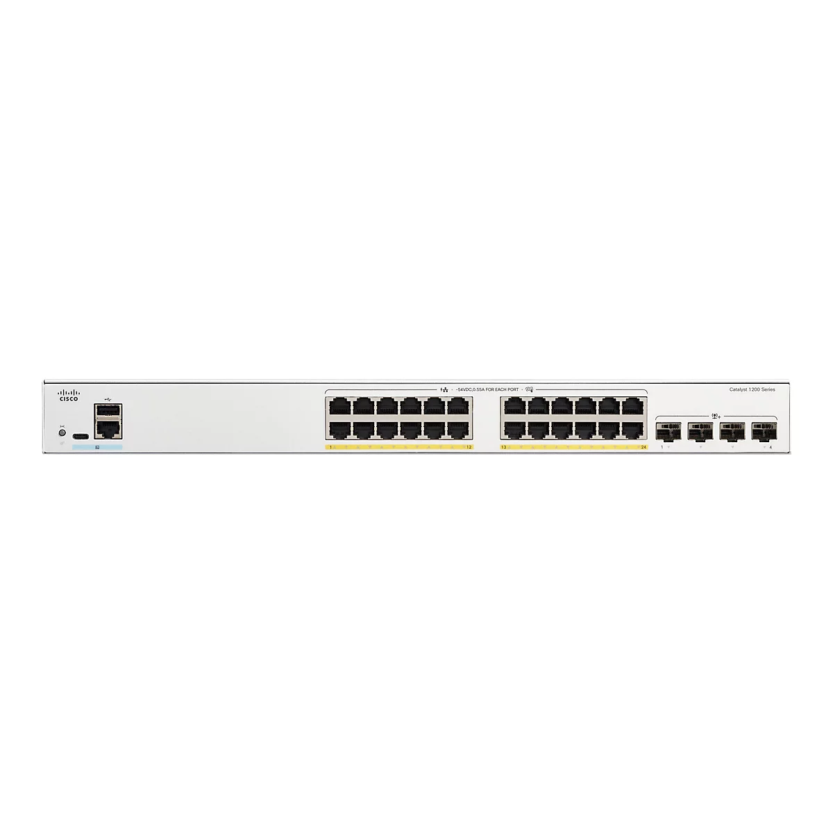 Ein weißes Cisco-Switch-Gerät, das mit zahlreichen Ethernet-Anschlüssen ausgestattet ist. Oben steht die Aufschrift "Catalyst 1200 Series".