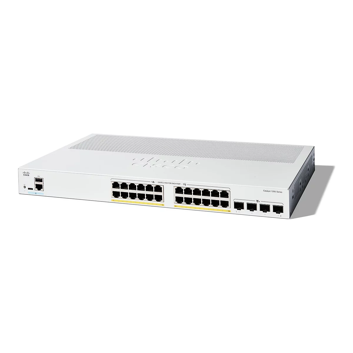Ein weißer Cisco Catalyst 1200 Series Switch auf weißem Hintergrund. Das Gerät hat mehrere Anschlüsse auf der Vorderseite.