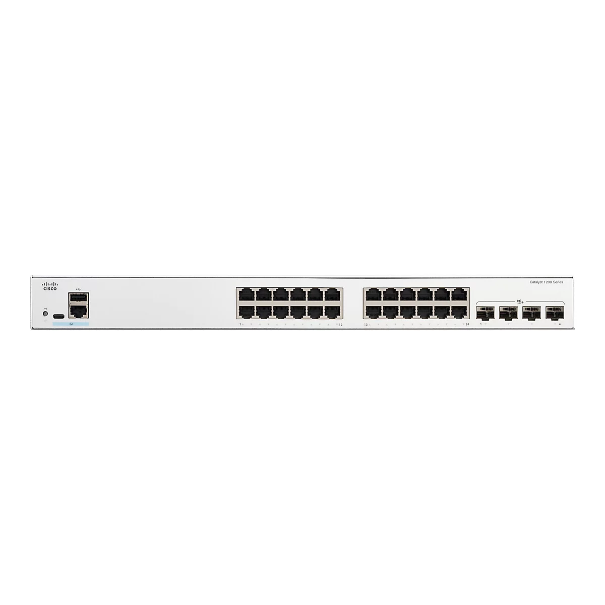 Ein grauer Cisco Catalyst 1200 Series Switch mit mehreren Ethernet-Ports, links ein Logo.