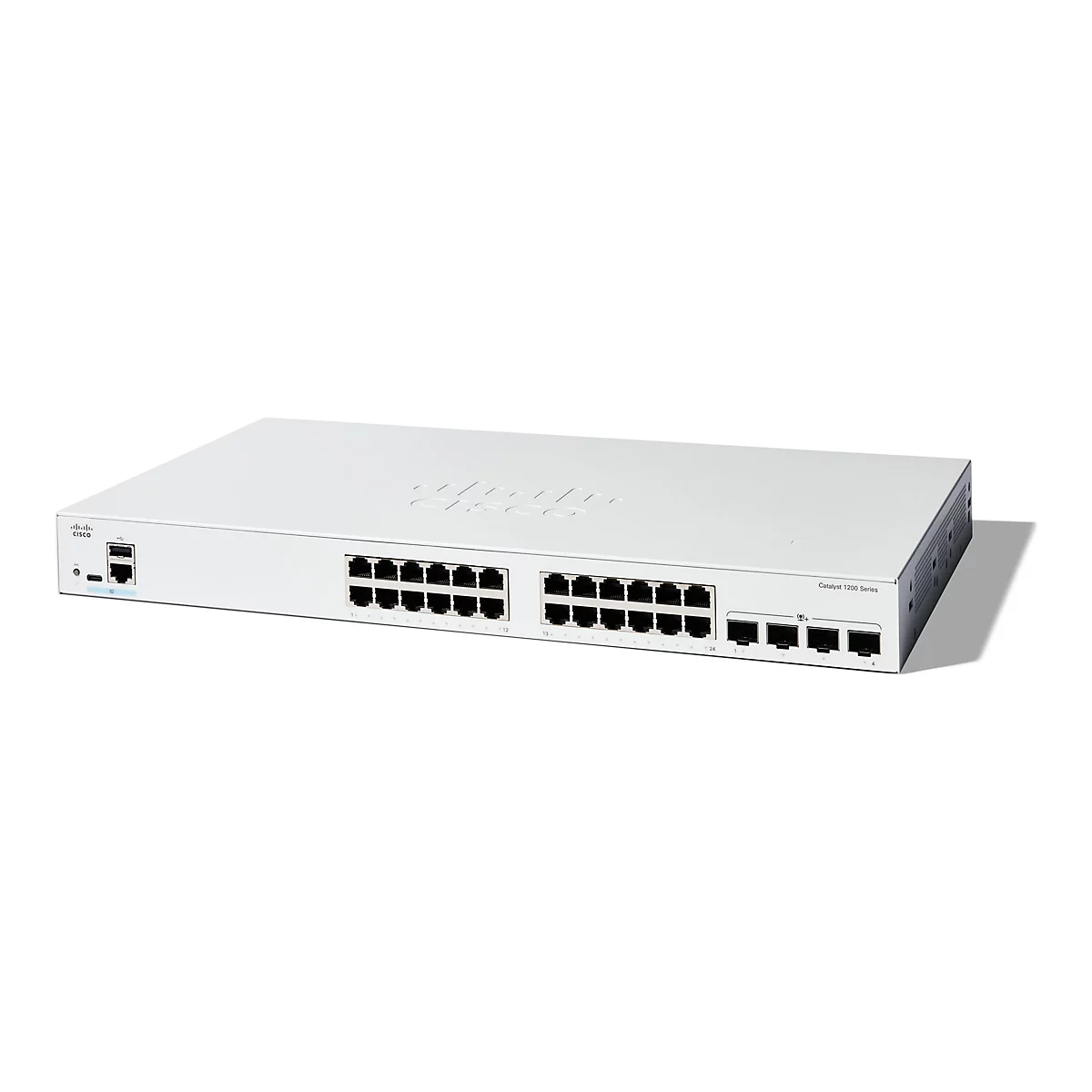 Ein weißer Cisco Catalyst 1200 Series Switch vor weißem Hintergrund. Der Switch hat mehrere Ethernet-Anschlüsse und das Cisco-Logo.