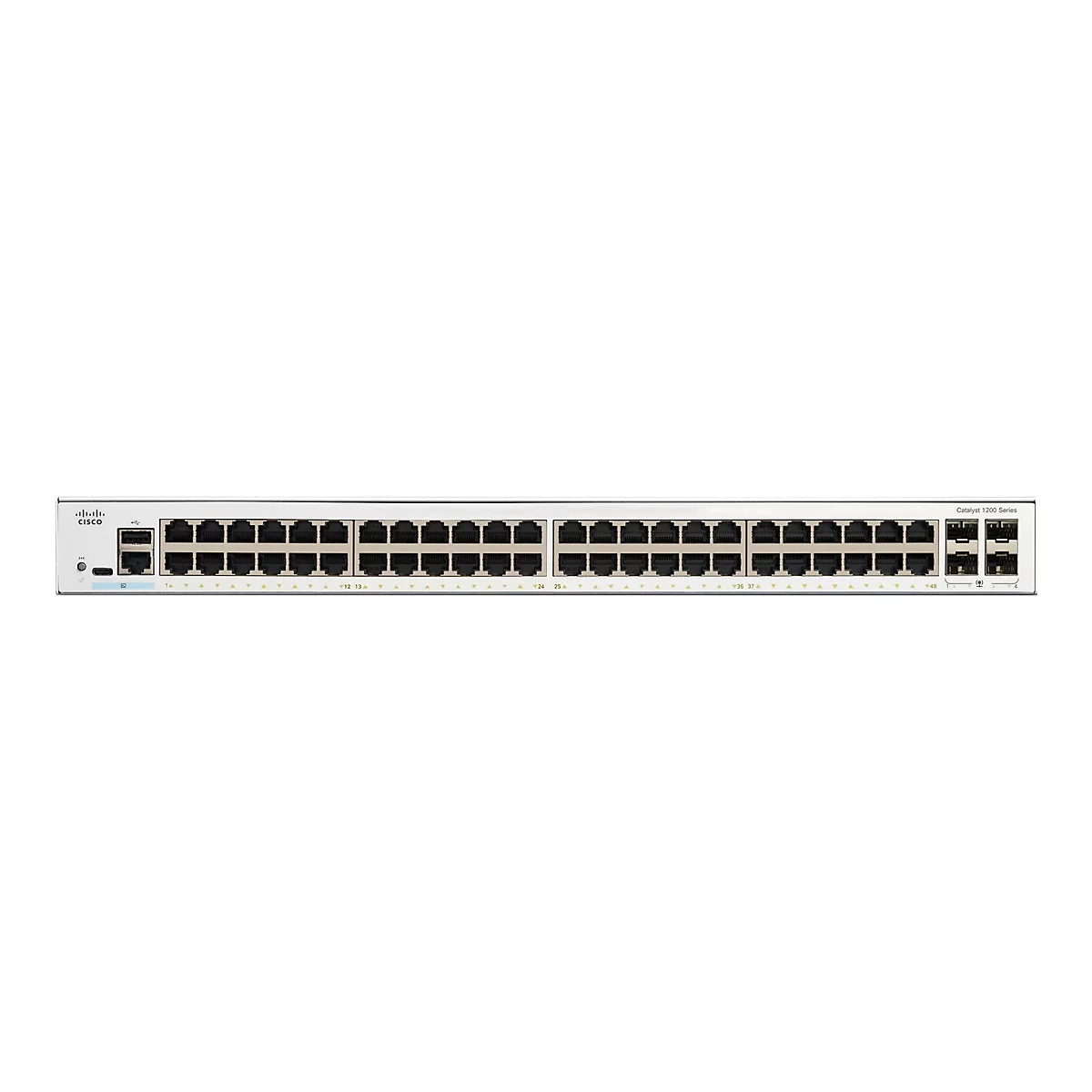 Ein grauer Netzwerk-Switch mit vielen Ports und dem Cisco-Logo. Der Switch trägt die Bezeichnung Catalyst 1200 Series.