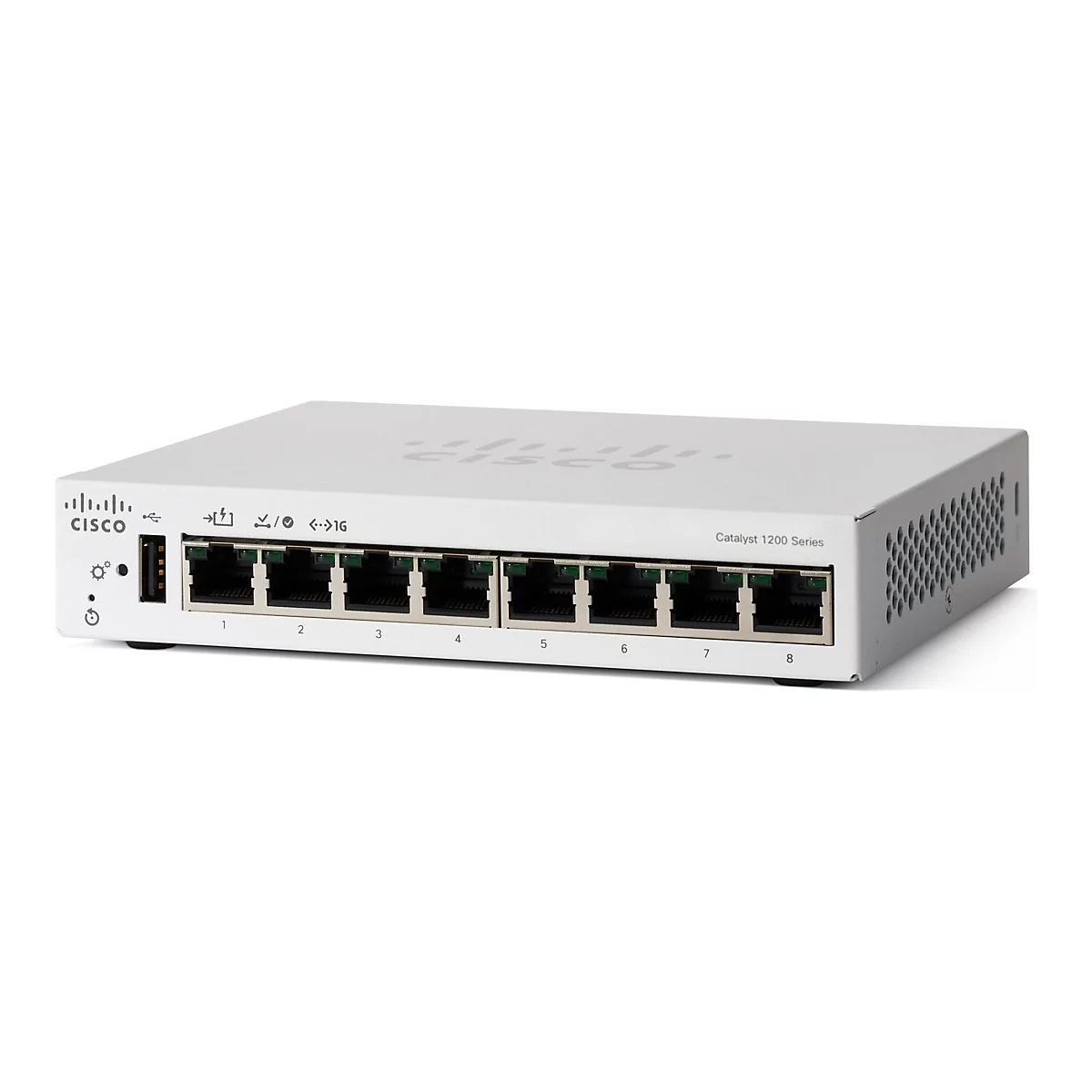Ein weißer Cisco Catalyst 1200 Series Switch auf weißem Hintergrund. Das Gerät hat acht Ethernet-Ports und verschiedene LEDs und Anschlüsse.