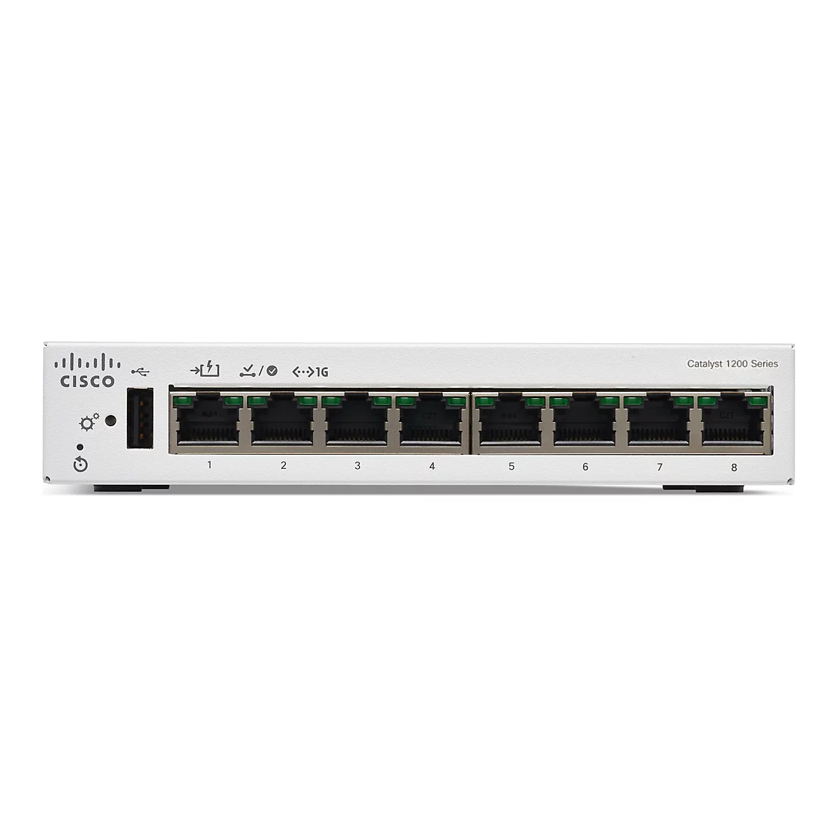 Ein weißer Cisco Catalyst 1200 Series Switch mit acht Anschlüssen. Oben befinden sich Anschlüsse für Strom, USB und Netzwerk. Das Gerät ist vor neutralem Hintergrund abgebildet.