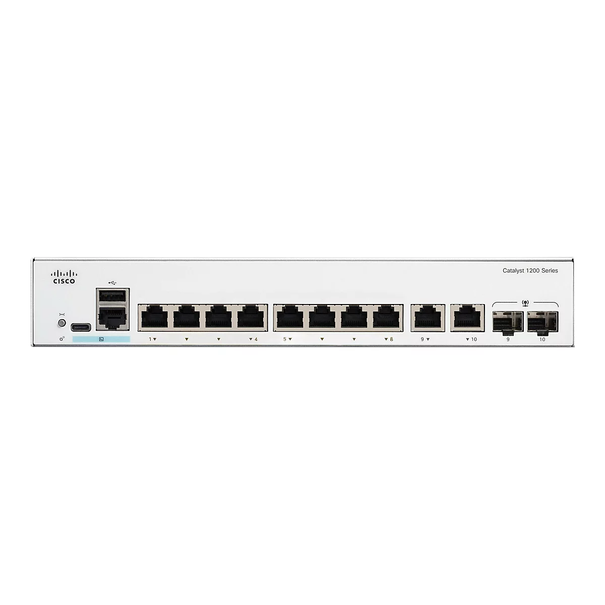 Ein weißes Netzwerkgerät, Cisco Catalyst 1200 Series, mit mehreren Ports und Anschlüssen.