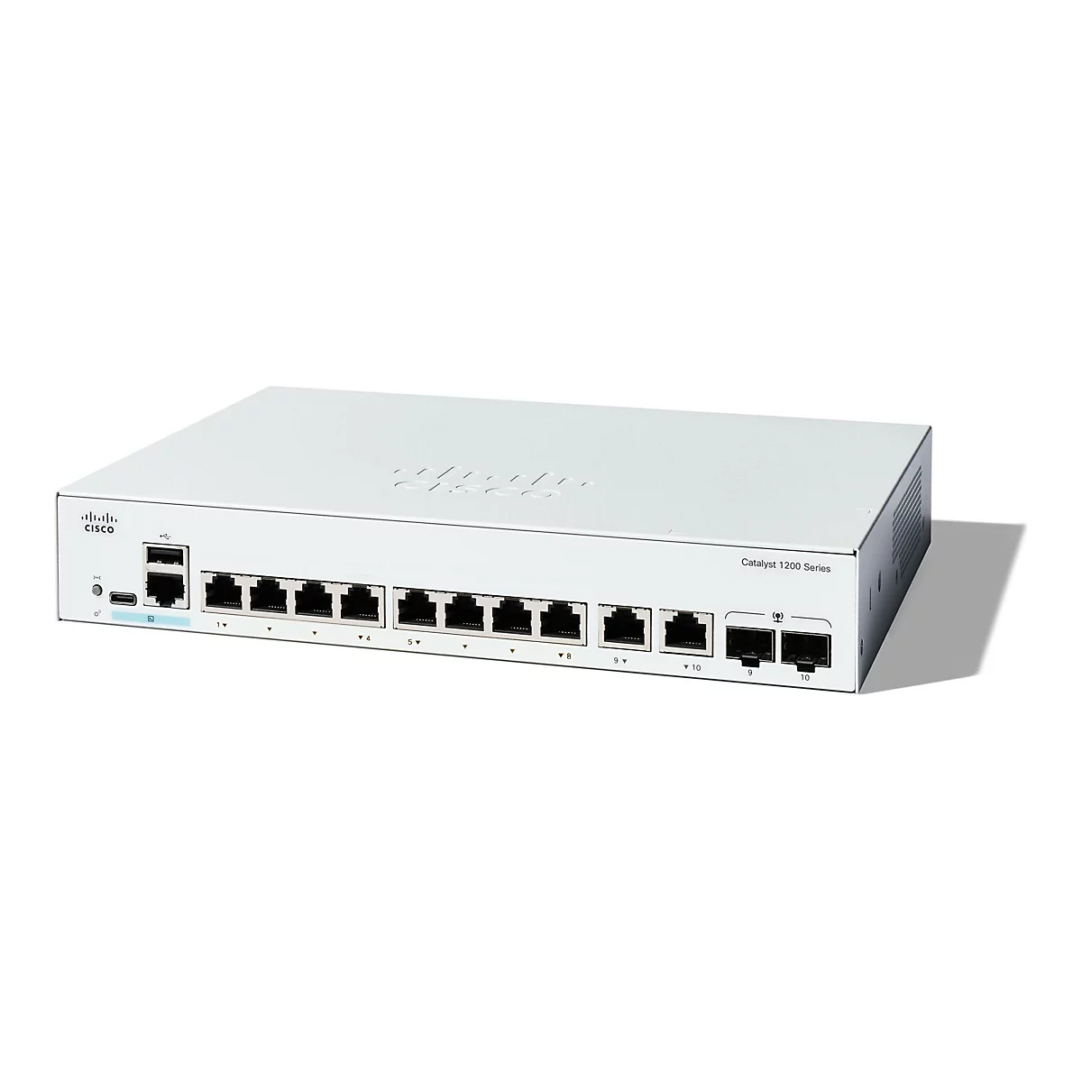 Ein grauer Netzwerk-Switch mit Ports, Schriftzug "CISCO" und "Catalyst 1200 Series" vor weißem Hintergrund.