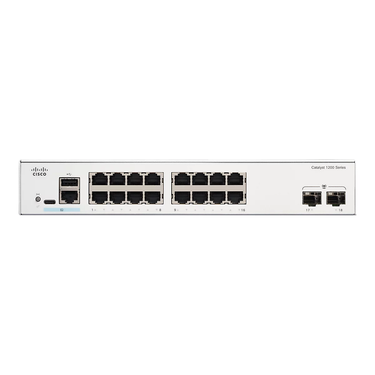 Un commutateur Cisco Catalyst 1200 Series blanc avec plusieurs ports Ethernet, numérotés de 1 à 18.