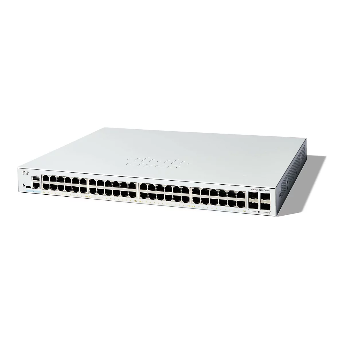 Commutateur réseau blanc de la série Catalyst 1200 avec de nombreux ports. Le logo Cisco est visible en haut à gauche.