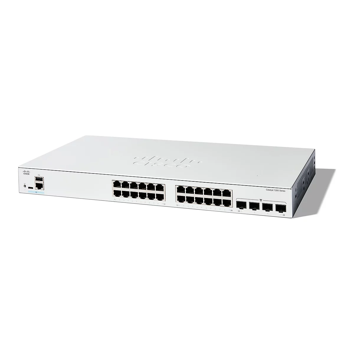 Un commutateur Cisco Catalyst 1200 blanc avec des ports et des connecteurs, sur fond blanc.