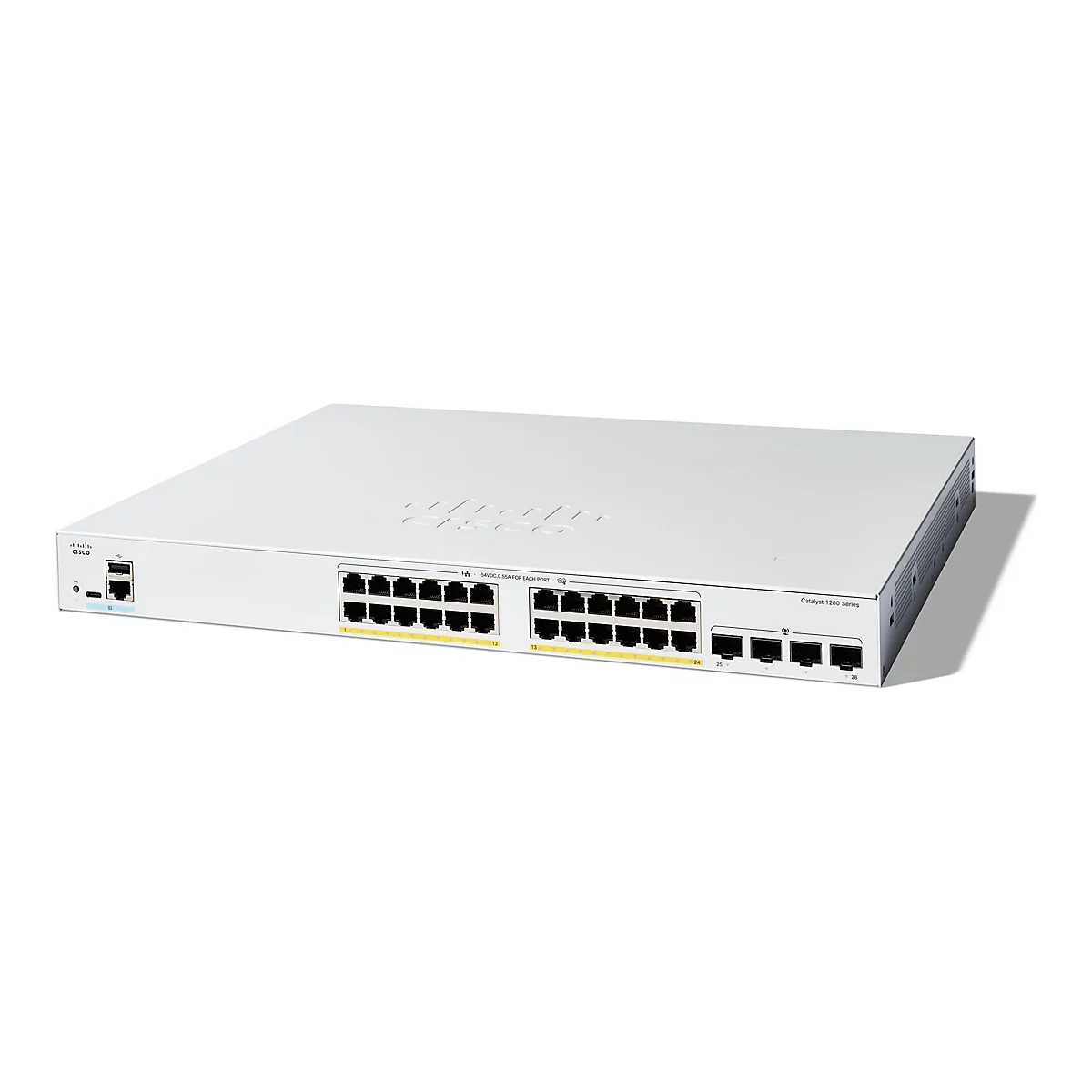 Un commutateur Cisco Catalyst 1200 Series blanc sur fond blanc. L'appareil possède plusieurs ports et le logo Cisco.