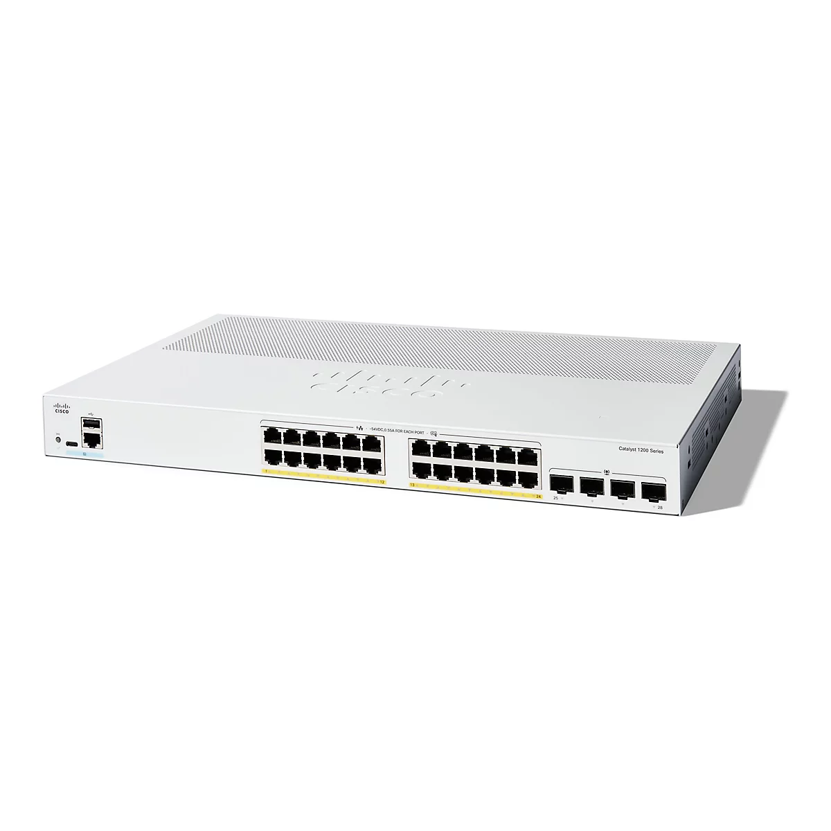 Un commutateur réseau blanc de la série Catalyst 1200 avec de nombreux ports, étiquettes et le logo Cisco.
