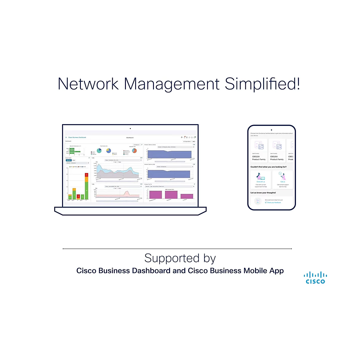 Sur fond blanc, un écran affichant le tableau de bord Cisco Business avec graphiques et données. À côté, un smartphone avec une représentation de l'application. Le texte indique "Network Management Simplified!" et "Supported by Cisco Business Dashboard...