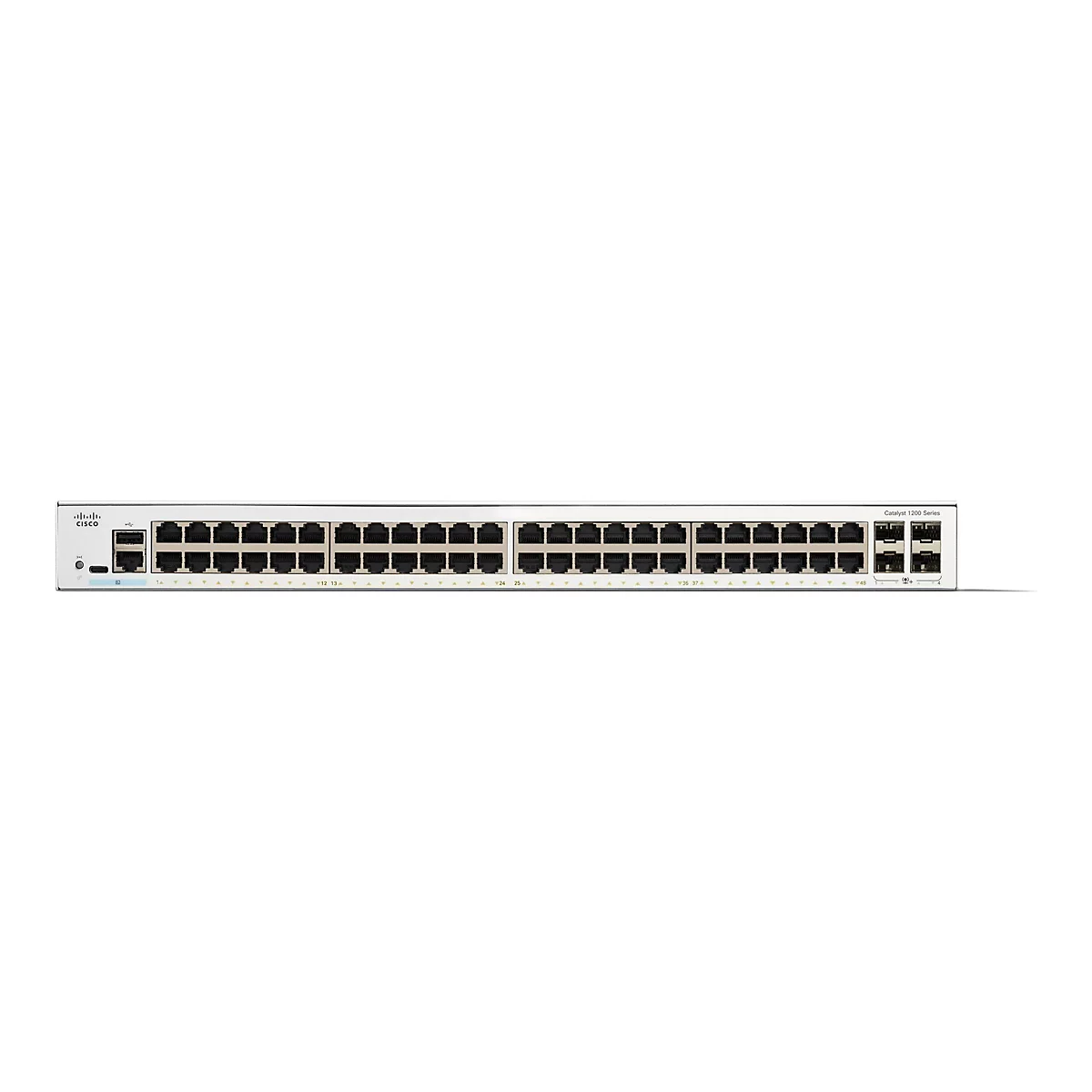 Un commutateur réseau gris avec de nombreux ports et le logo Cisco sur fond blanc.
