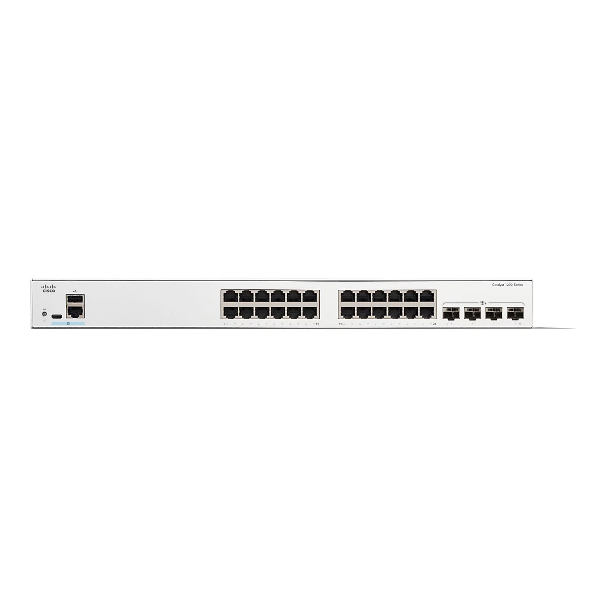 Un commutateur Cisco Catalyst 1200 blanc avec des ports réseau. Le logo Cisco est à gauche.