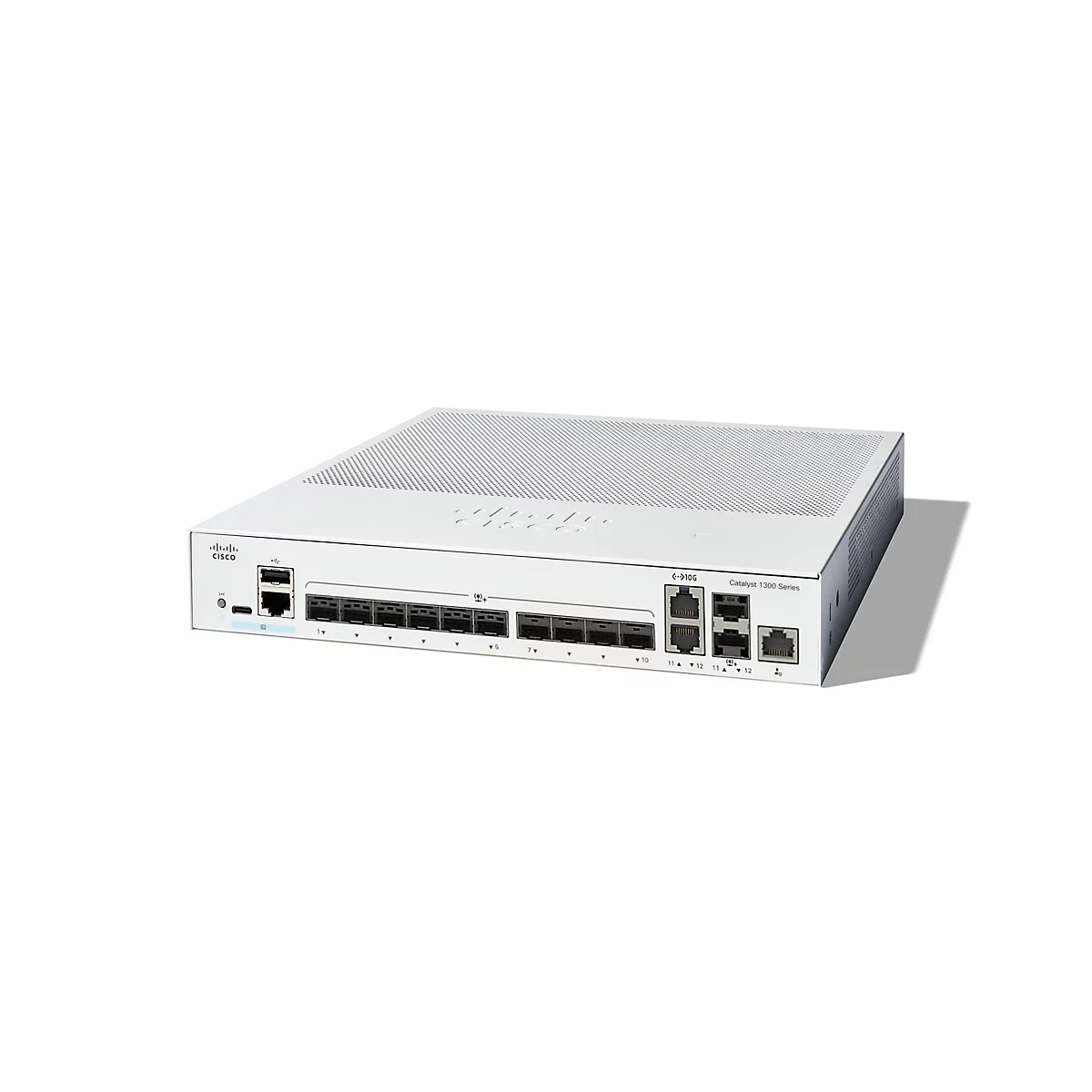 Ein weißer Cisco Catalyst 1300 Series Switch mit mehreren Anschlüssen, Beschriftungen und dem Cisco-Logo.